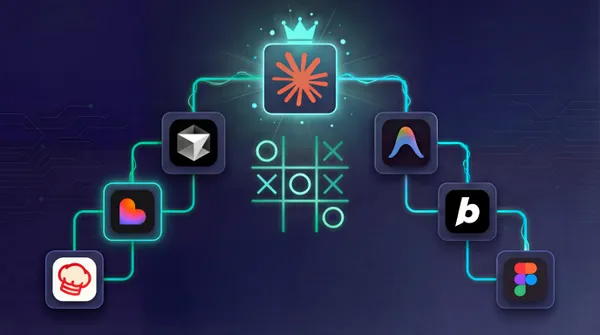 AI codeertools toernooi met Claude Code als winnaar, met logo's van Cursor, Lovable, Bolt, Antigravity, Convex Chef en Figma rond een boter-kaas-en-eieren grid