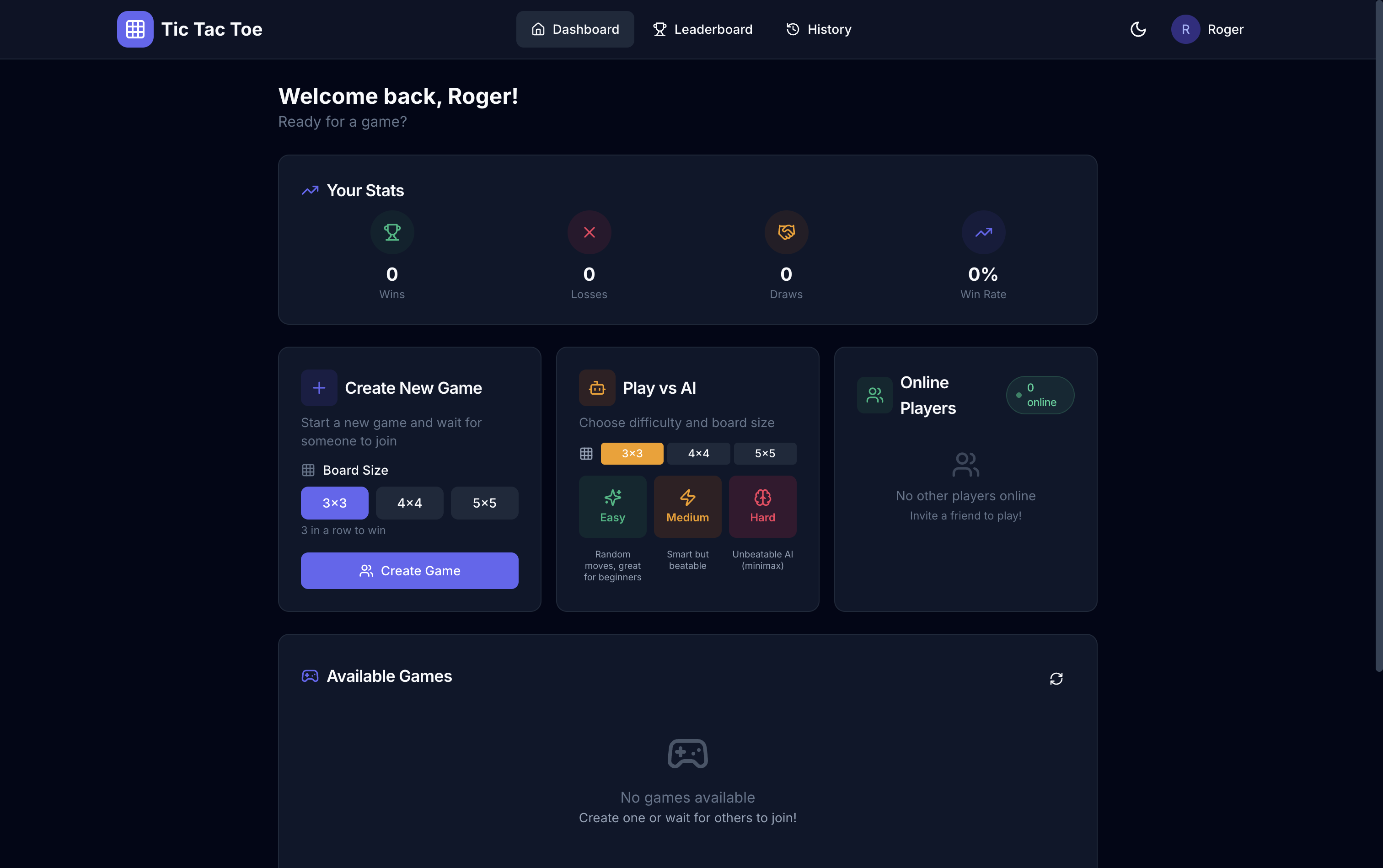 Tic-tac-toe homepage with live players